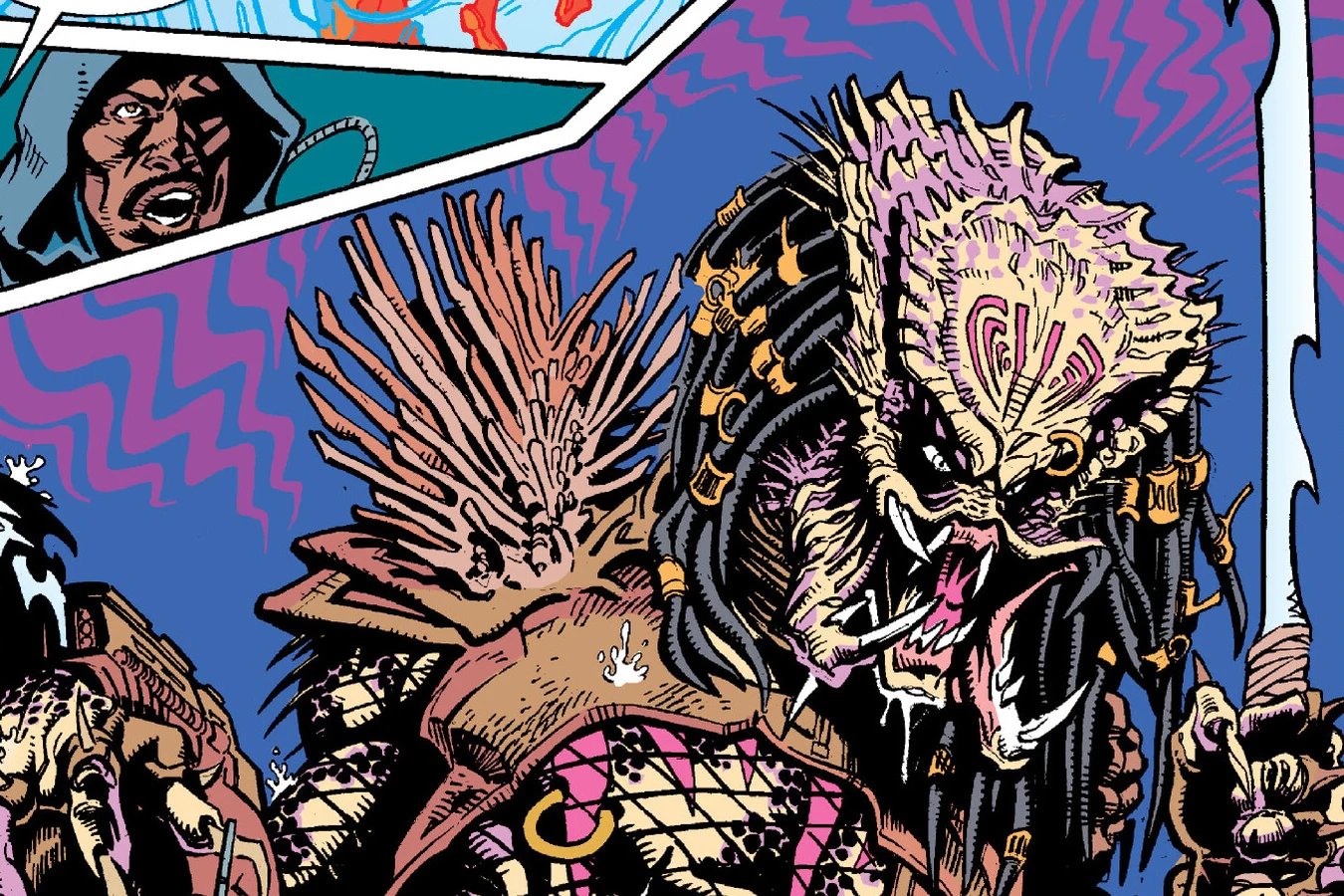 The unmasked rogue Predator stalking CIA agents in the woods in the Predator: Bad Blood comic