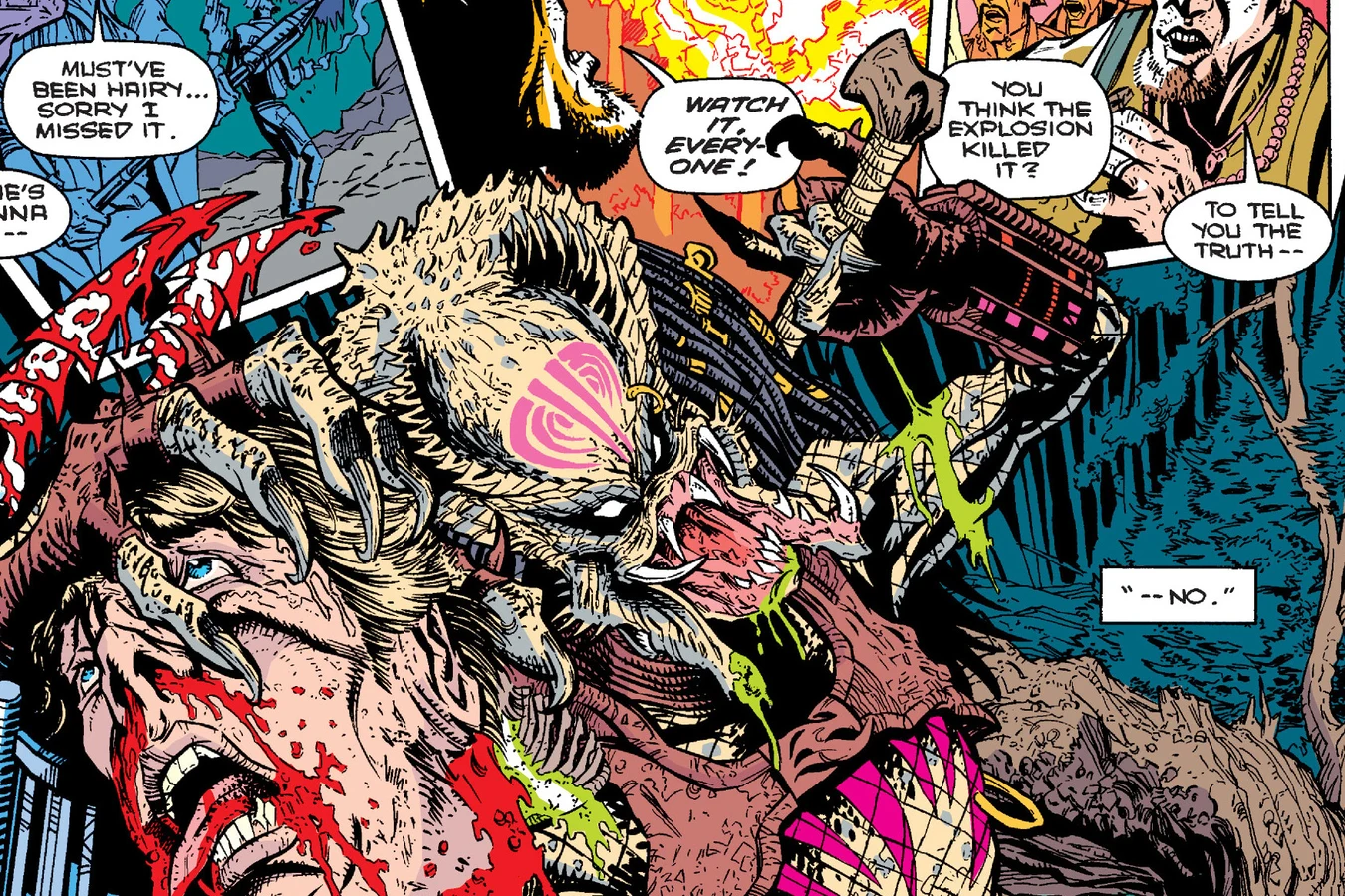 The rogue Predator driving its wrist blades through Claude Loudermilk's head in the Predator: Bad Blood comic