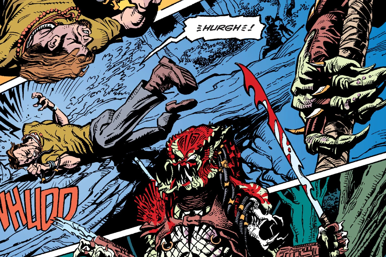 The rogue Predator hurling John Pulnick through the air with a red blade in its hand in the Predator: Bad Blood comic