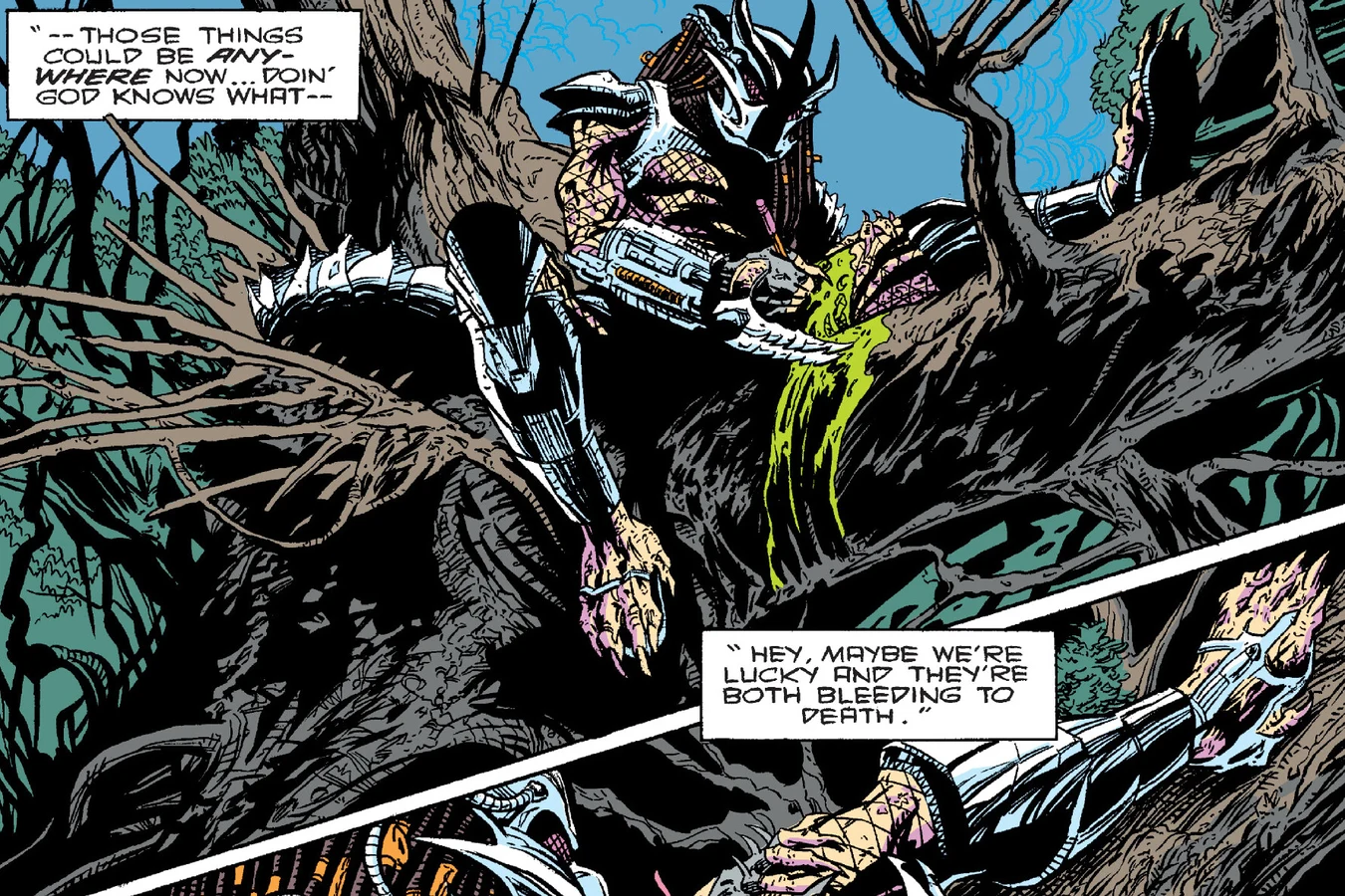 The wounded armored hunter Predator resting in a tree in the Predator: Bad Blood comic