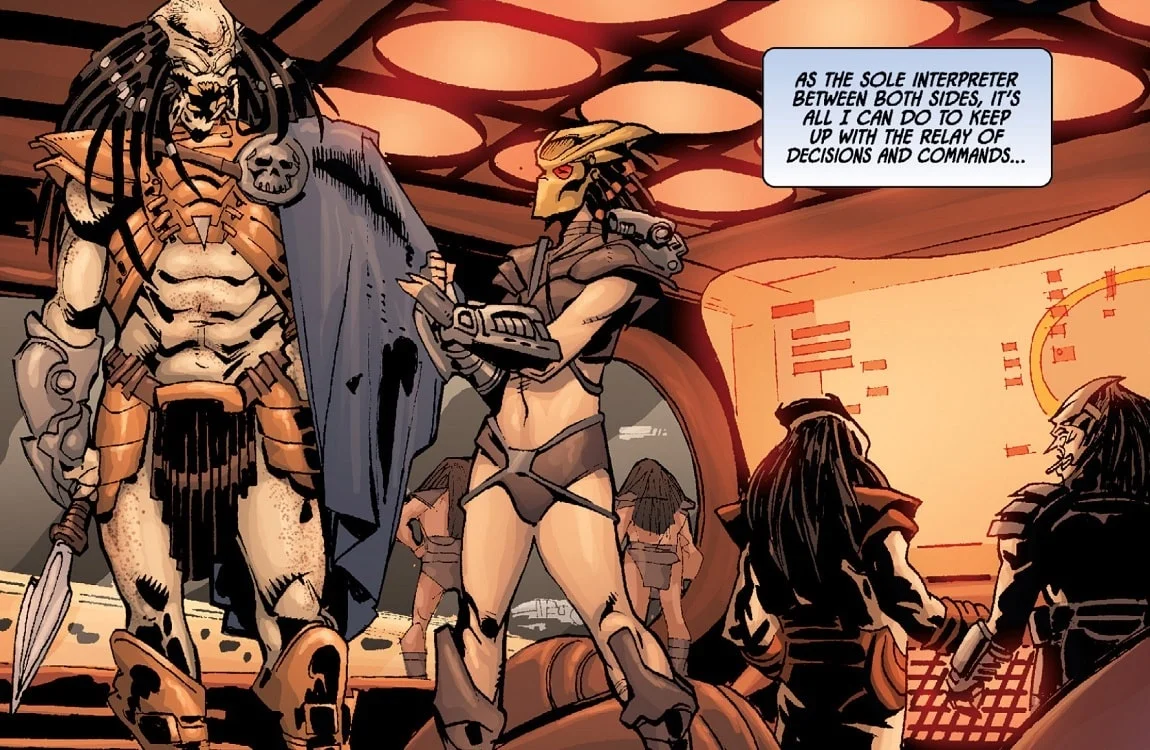 A Predator Captain with a grey cape from the AvP: Three World War comic