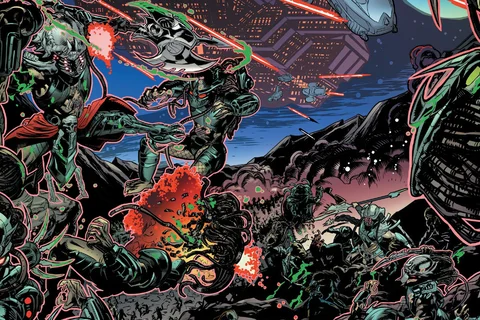 Predators fighting in a Yautja civil war in Predator vs. Black Panther by Marvel
