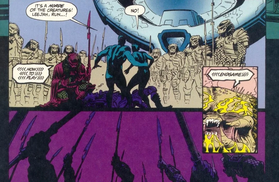 A horde of Predators with spears gathering around their crippled hunter as Magnus tells Leeja to run