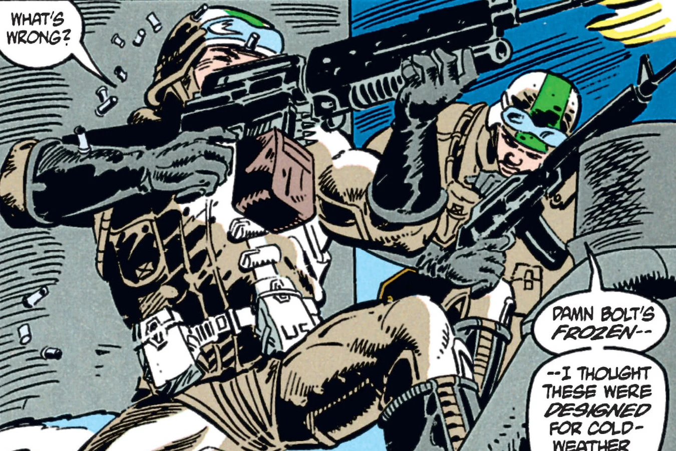 American soldiers in snow gear firing rifles as their bolts freeze during the firefight in the Predator: Cold War comic