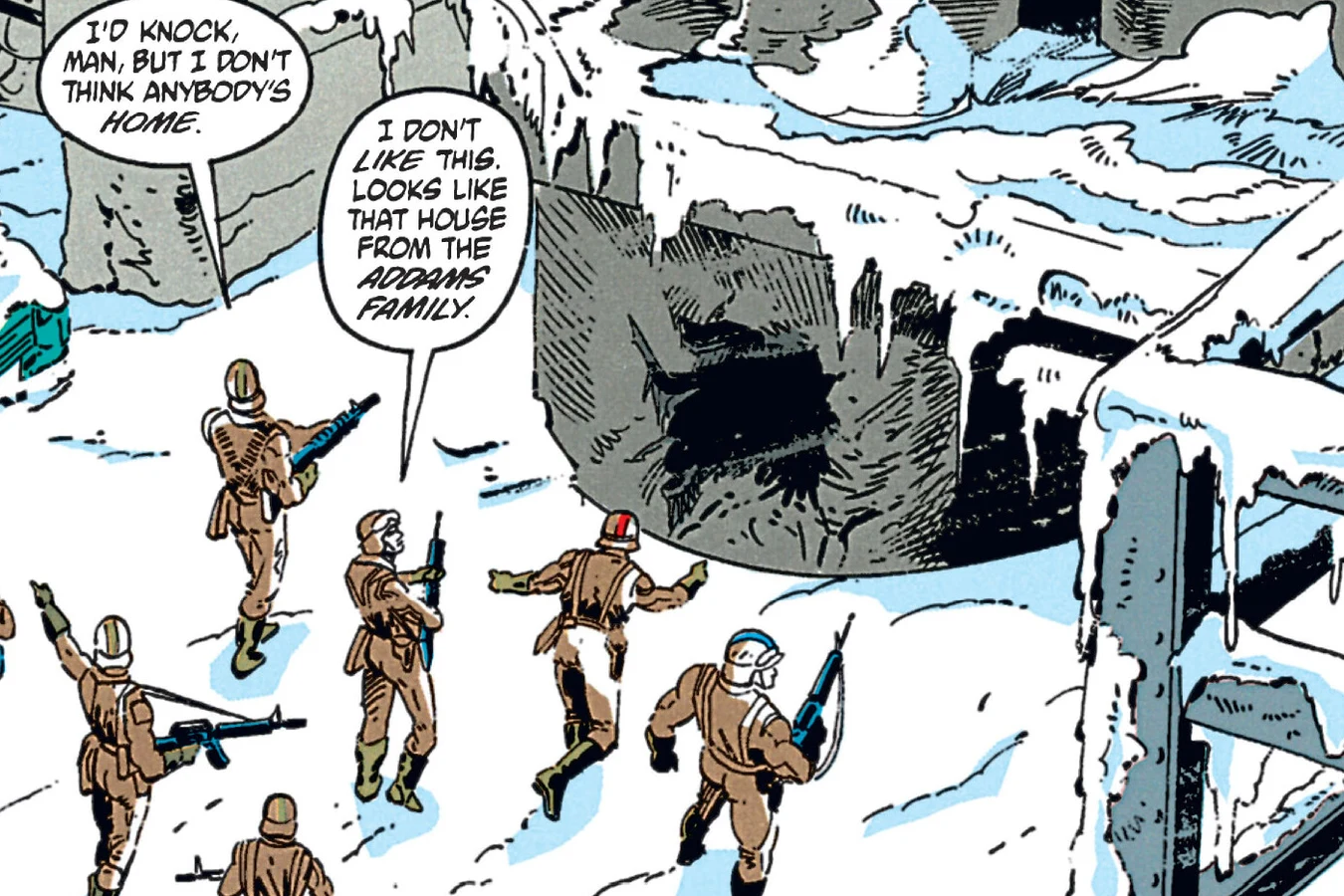 The American team in snow gear approaching the wrecked buildings of Assyma in the Predator: Cold War comic