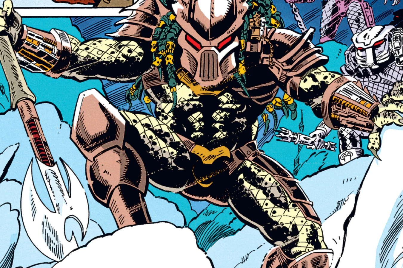 Armored Predators with glaives advancing through the snowstorm at Assyma in the Predator: Cold War comic