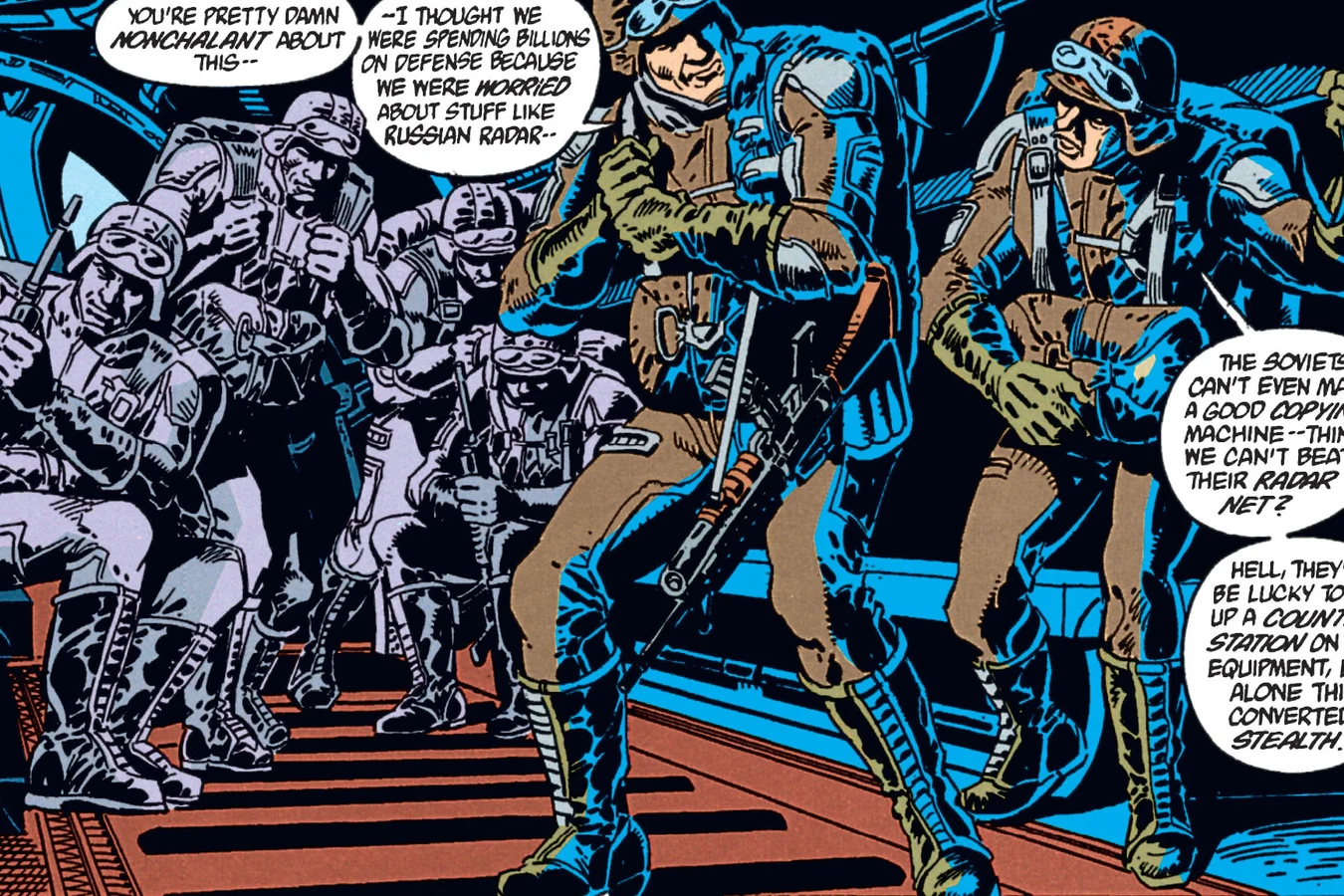 The Cold War team in winter gear preparing to jump from the converted stealth plane in the Predator: Cold War comic