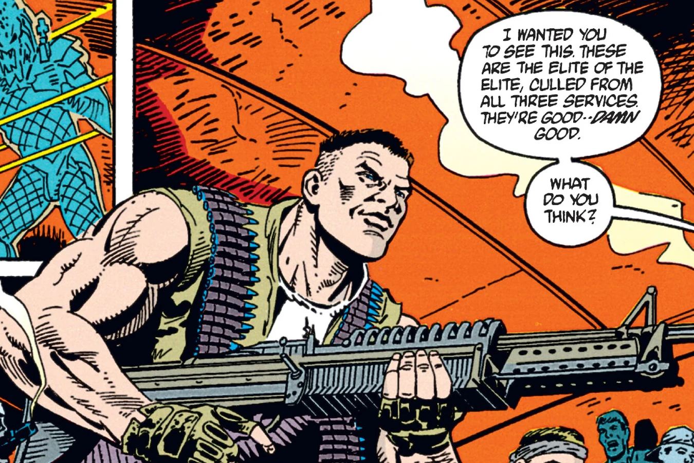 A sergeant of the elite squad holding a rifle on the firing range in the Predator: Cold War comic