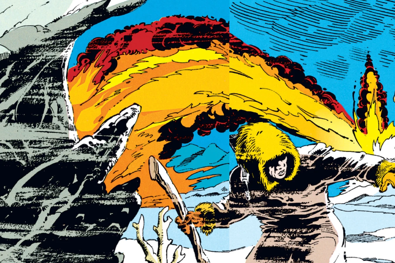 A native hunter with a spear struck by a burst of red energy on the Siberian snow in the Predator: Cold War comic