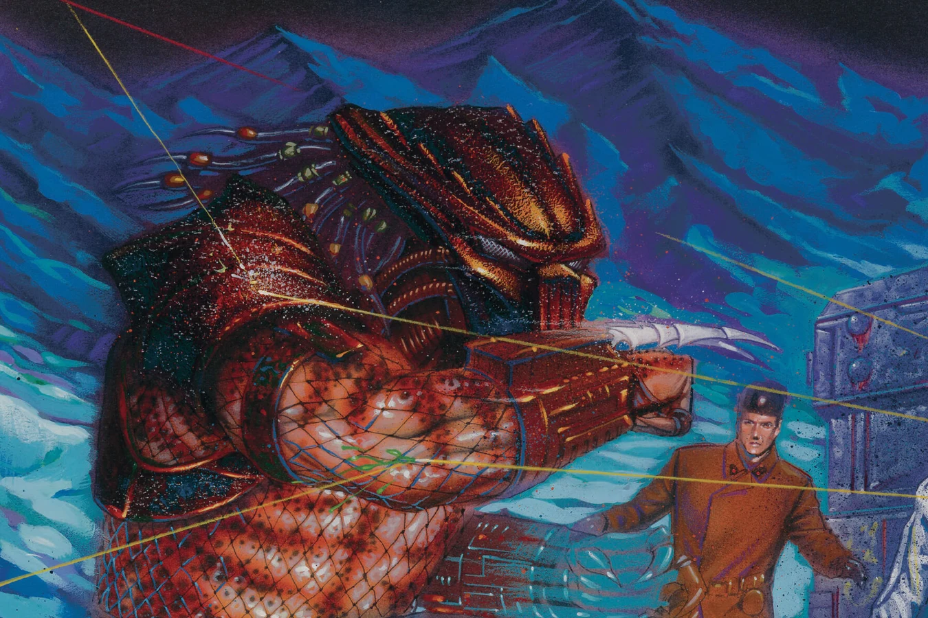 Brian Stelfreeze's painted cover for Predator: Cold War #2, with a Predator extending its wrist blades through a hail of laser fire as a Soviet officer in a long coat looks on