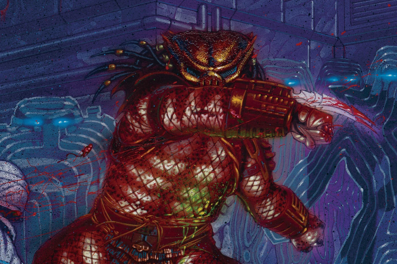 Brian Stelfreeze's painted cover for Predator: Cold War #4, with a Predator lashing out with its wrist blades in front of a steel industrial wall
