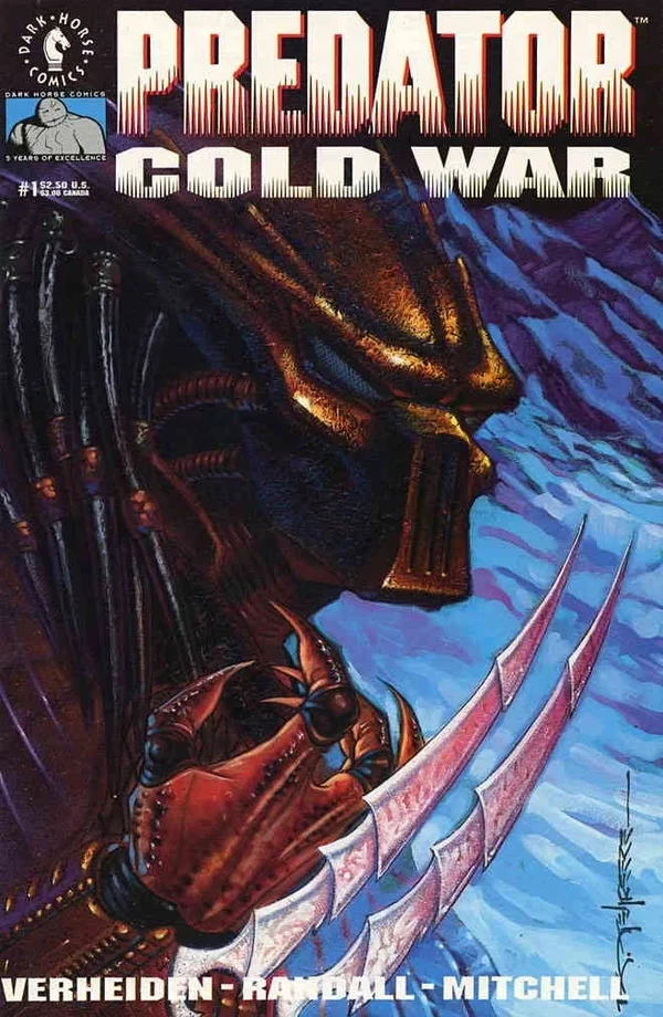 Brian Stelfreeze's painted cover for Predator: Cold War #1, with a Predator's masked face and wrist blades against the snowy Siberian mountains
