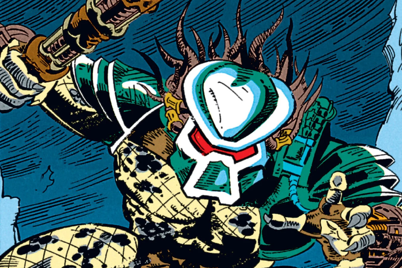 A Predator leaping down at the Soviet soldiers in the ice canyon in the Predator: Cold War comic