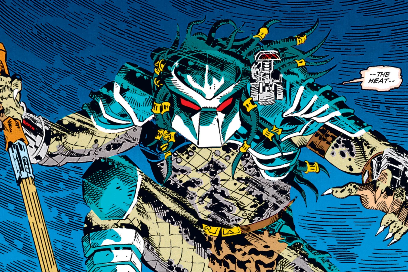 The Predator in teal armor looming over a fallen Soviet soldier with its spear in the Predator: Cold War comic