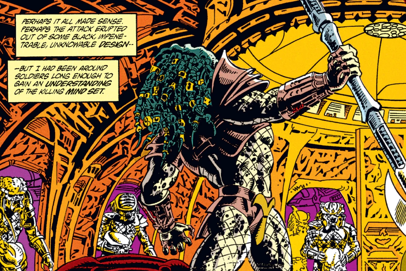 A Predator holding a glaive in the golden interior of the hunters' ship in the Predator: Cold War comic