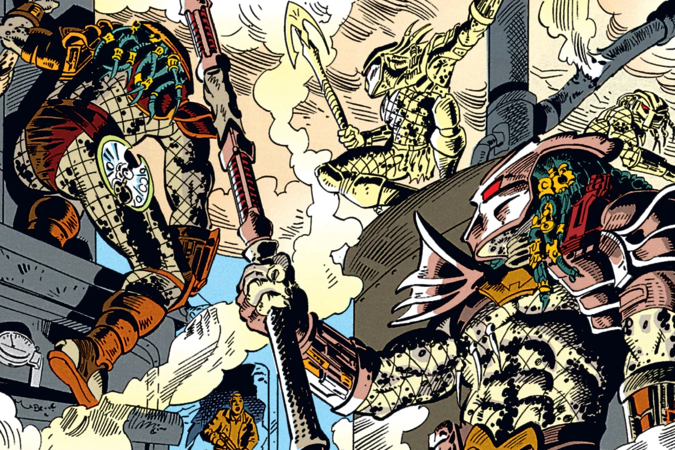 Predators with glaives stalking through the steam plant at Assyma in the Predator: Cold War comic