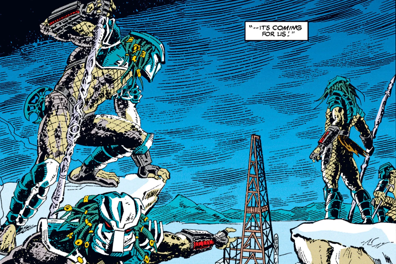 A group of Predators standing on an ice ridge above the oil derricks of Assyma in the Predator: Cold War comic