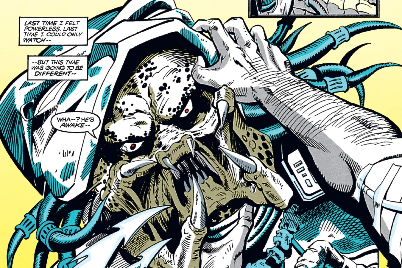 Rasche grabbing a Predator by its mask in his nightmare in the Predator: Cold War comic