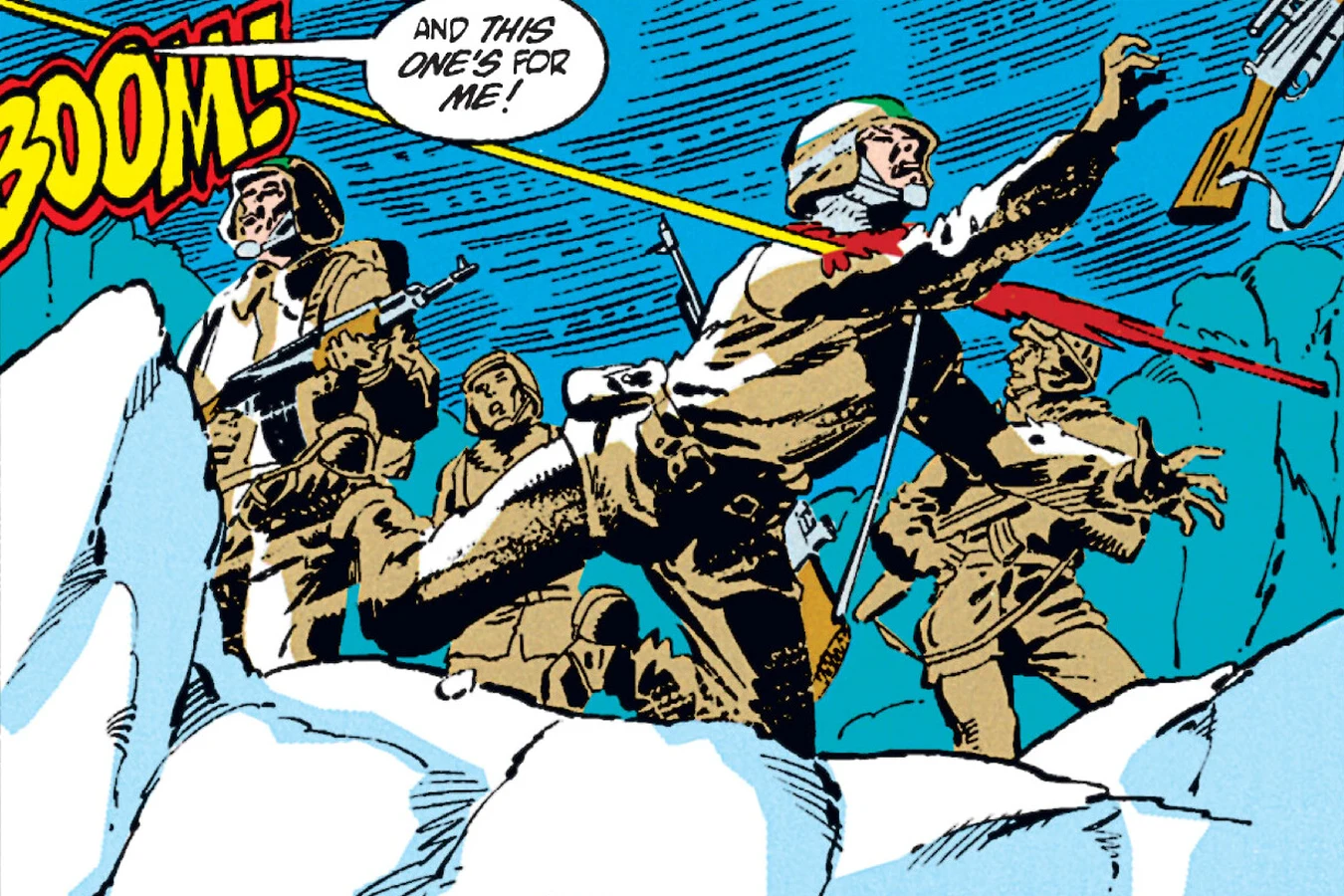 Wilcox struck by a gunshot in the snow as he lines up his rifle in the Predator: Cold War comic