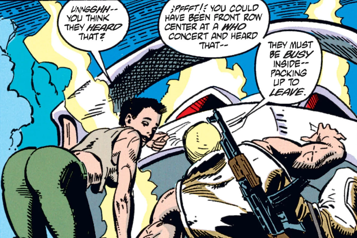 Ligachev and Schaefer sliding down onto the hull of the Predator ship in the Predator: Cold War comic