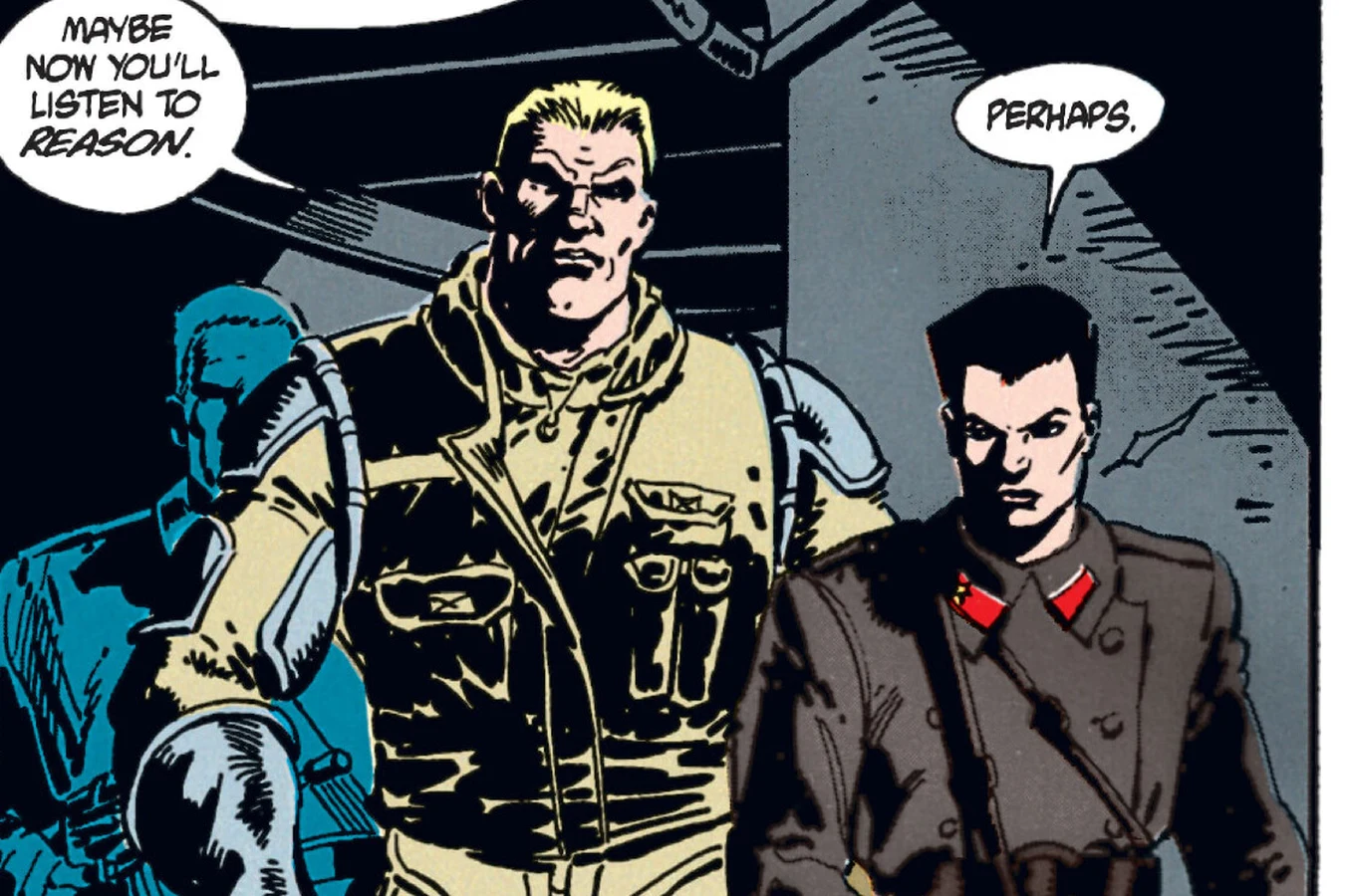 Schaefer in American cold weather gear walking beside Lieutenant Ligachev in her Soviet uniform in the Predator: Cold War comic