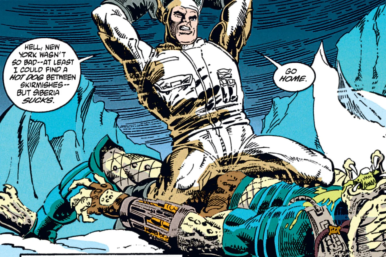 Schaefer pinning the unmasked Predator to the ice and raising its mask overhead in the Predator: Cold War comic