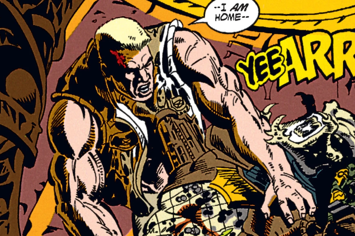 Schaefer with a bleeding head wound driving a blade into the Predator inside its ship in the Predator: Cold War comic