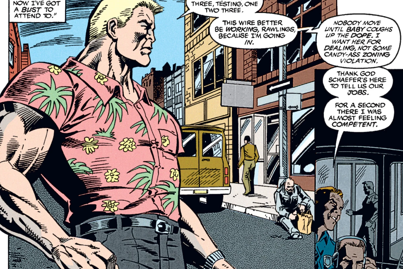 Schaefer in a Hawaiian shirt heading into a wired drug bust on a New York street in the Predator: Cold War comic