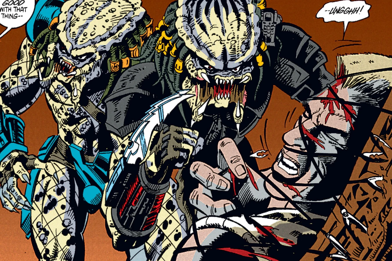 Two Predators attacking Schaefer with wrist blades inside the ship in the Predator: Cold War comic