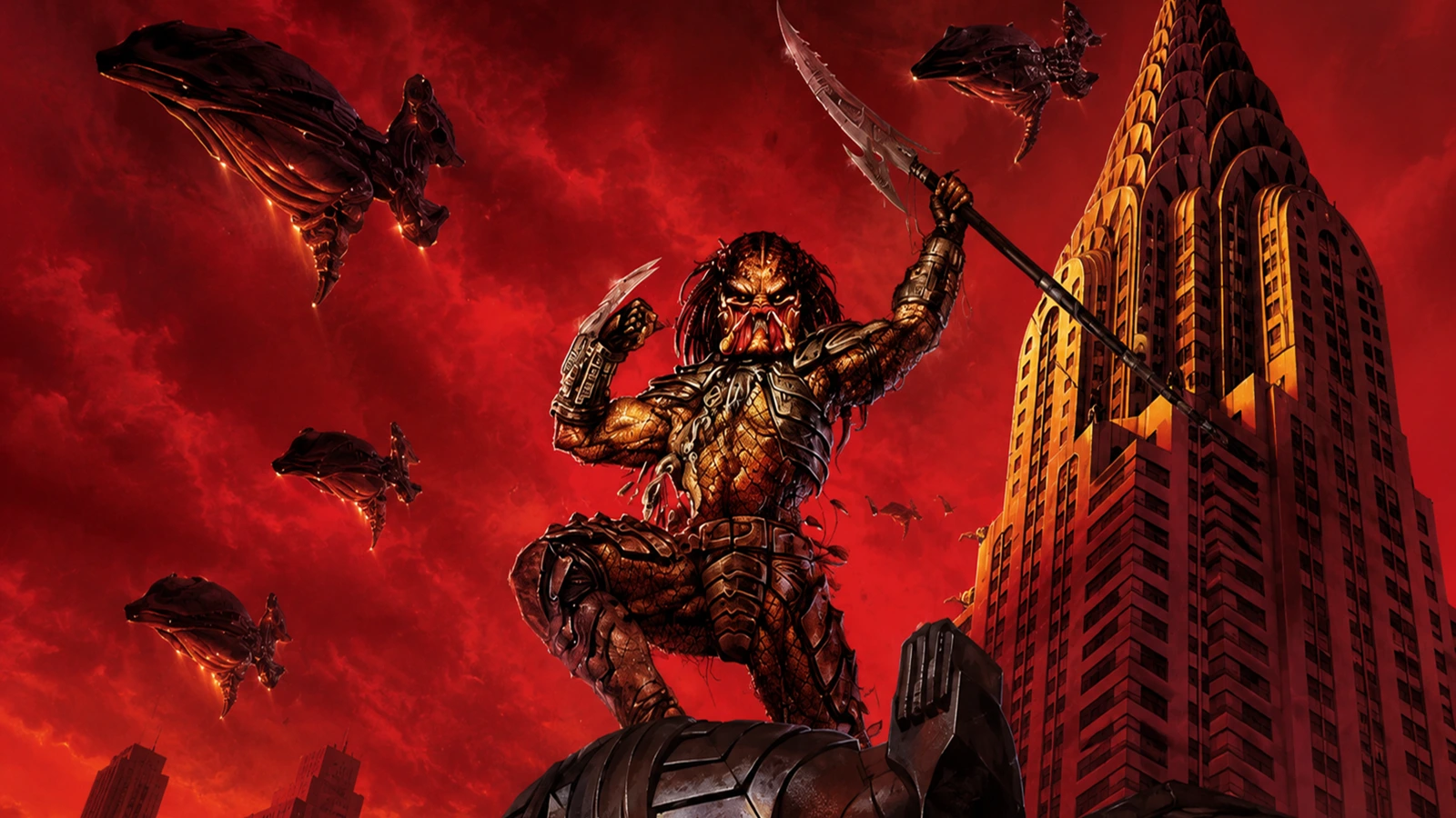 A Predator standing above New York City while Yautja ships invade Earth