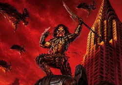 A Predator standing above New York City while Yautja ships invade Earth