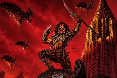 A Predator standing above New York City while Yautja ships invade Earth