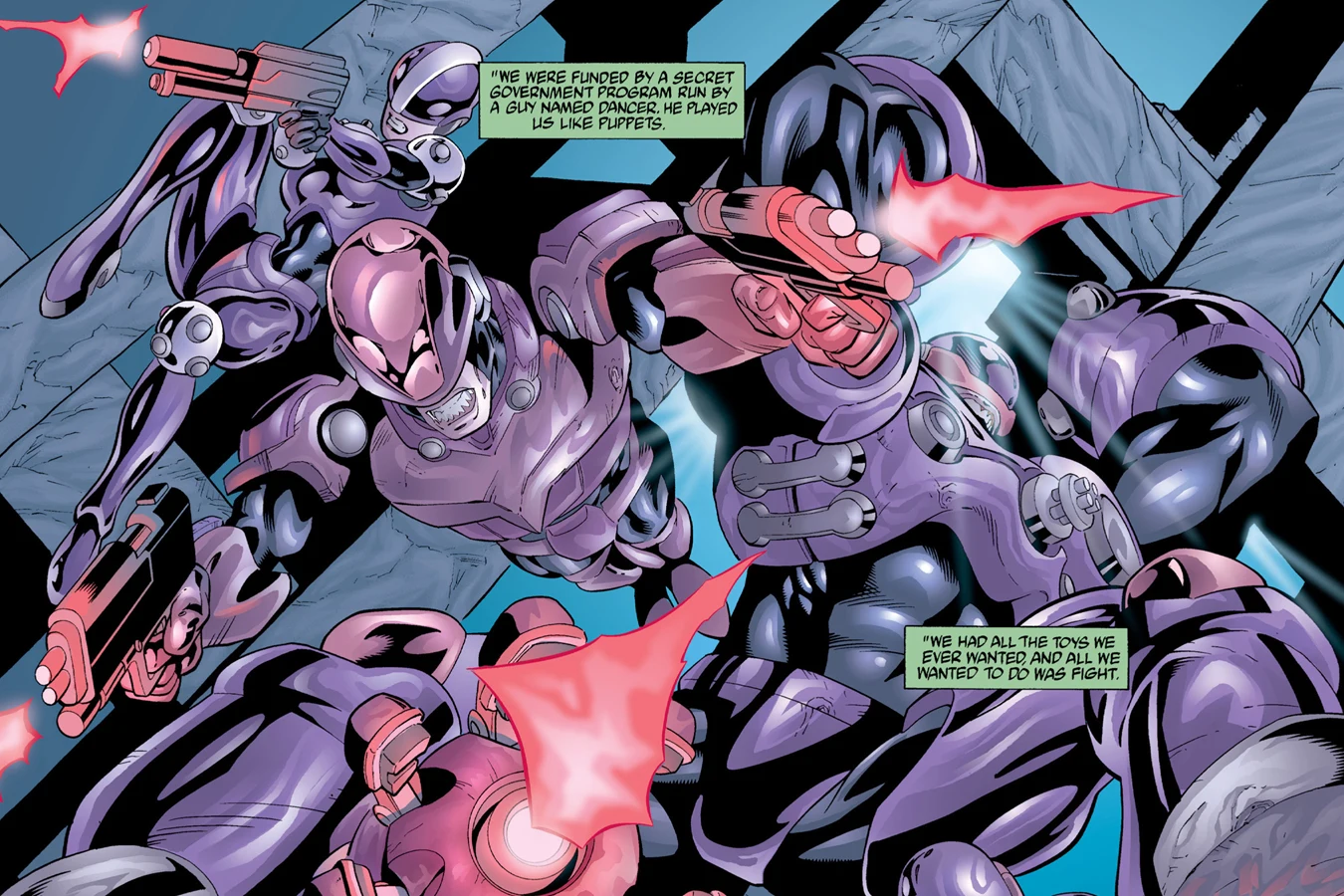 Spearhead soldiers in purple armor firing in a stone corridor