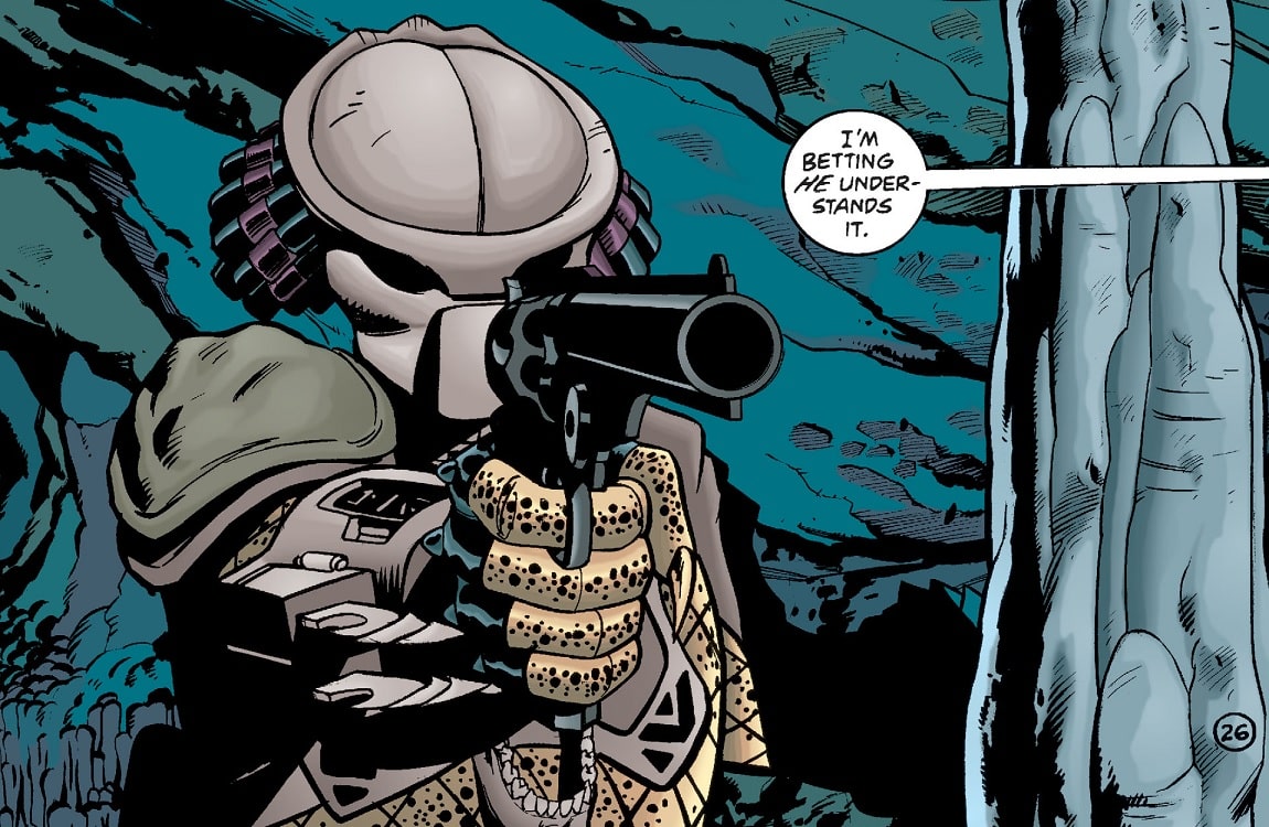 A Predator using a human revolver in Batman vs. Predator III: Blood Ties