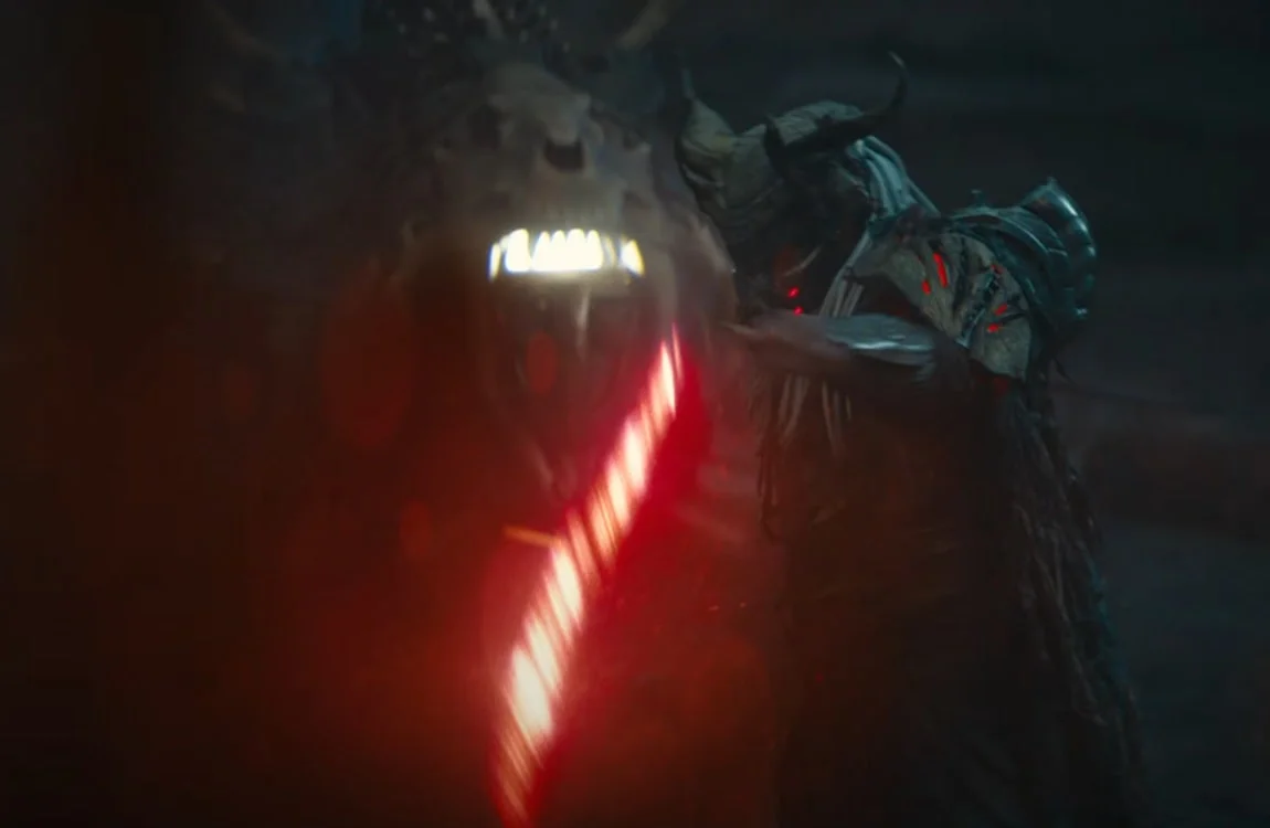 Yautja Clan Leader seated on a throne of Xenomorph remains