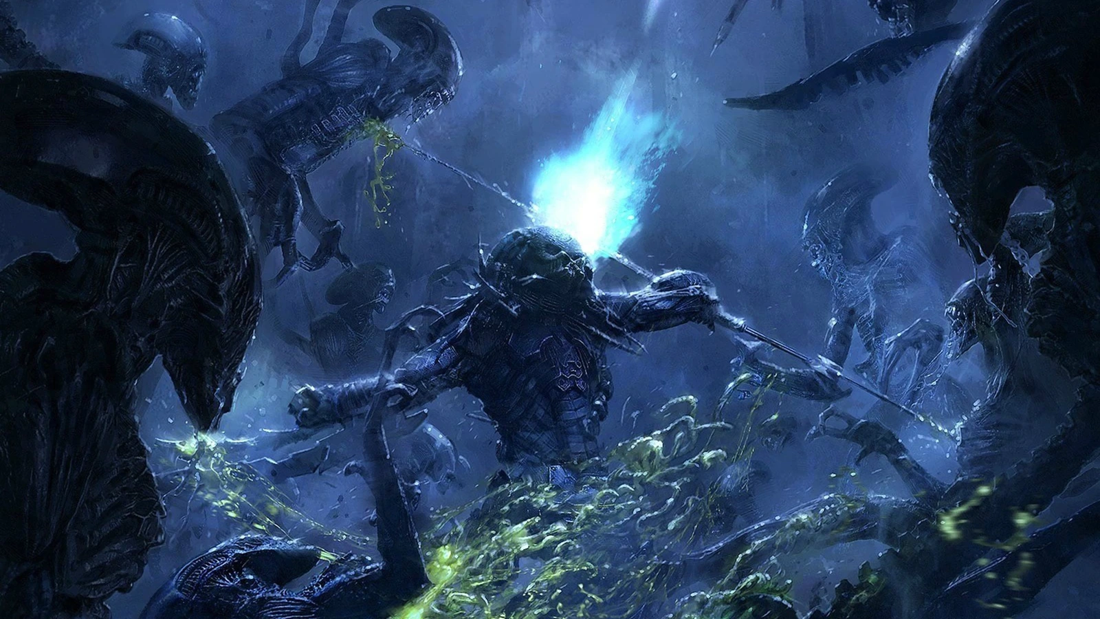 A Predator wielding a combistick against Xenomorphs