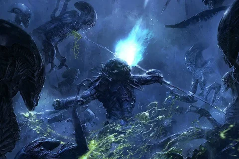 A Predator wielding a combistick against Xenomorphs