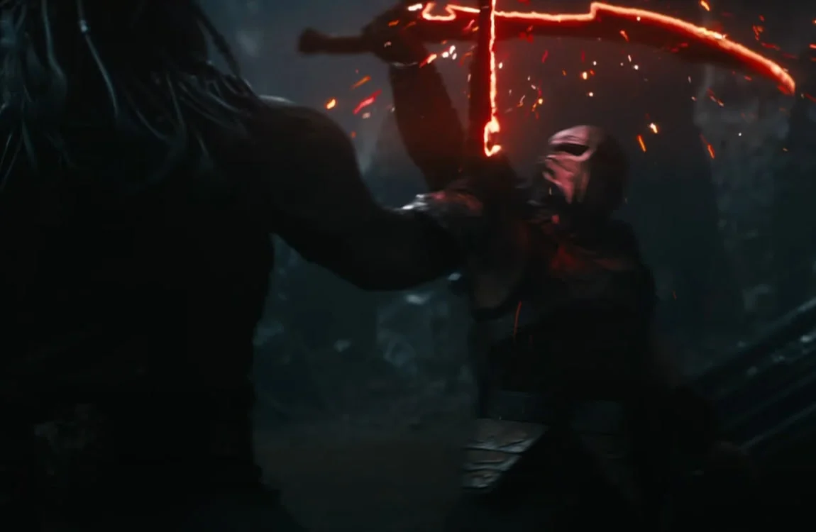 Two Predators from Predator: Badlands fighting with power swords