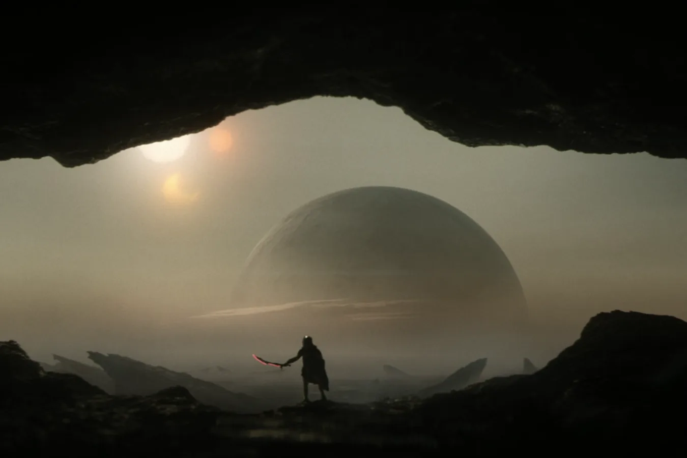 The three suns of Yautja Prime seen from a cave in Predator: Badlands