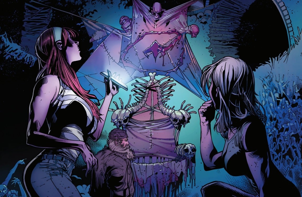 The trophy wall of the Skinner Predator who hunted Spider-Man