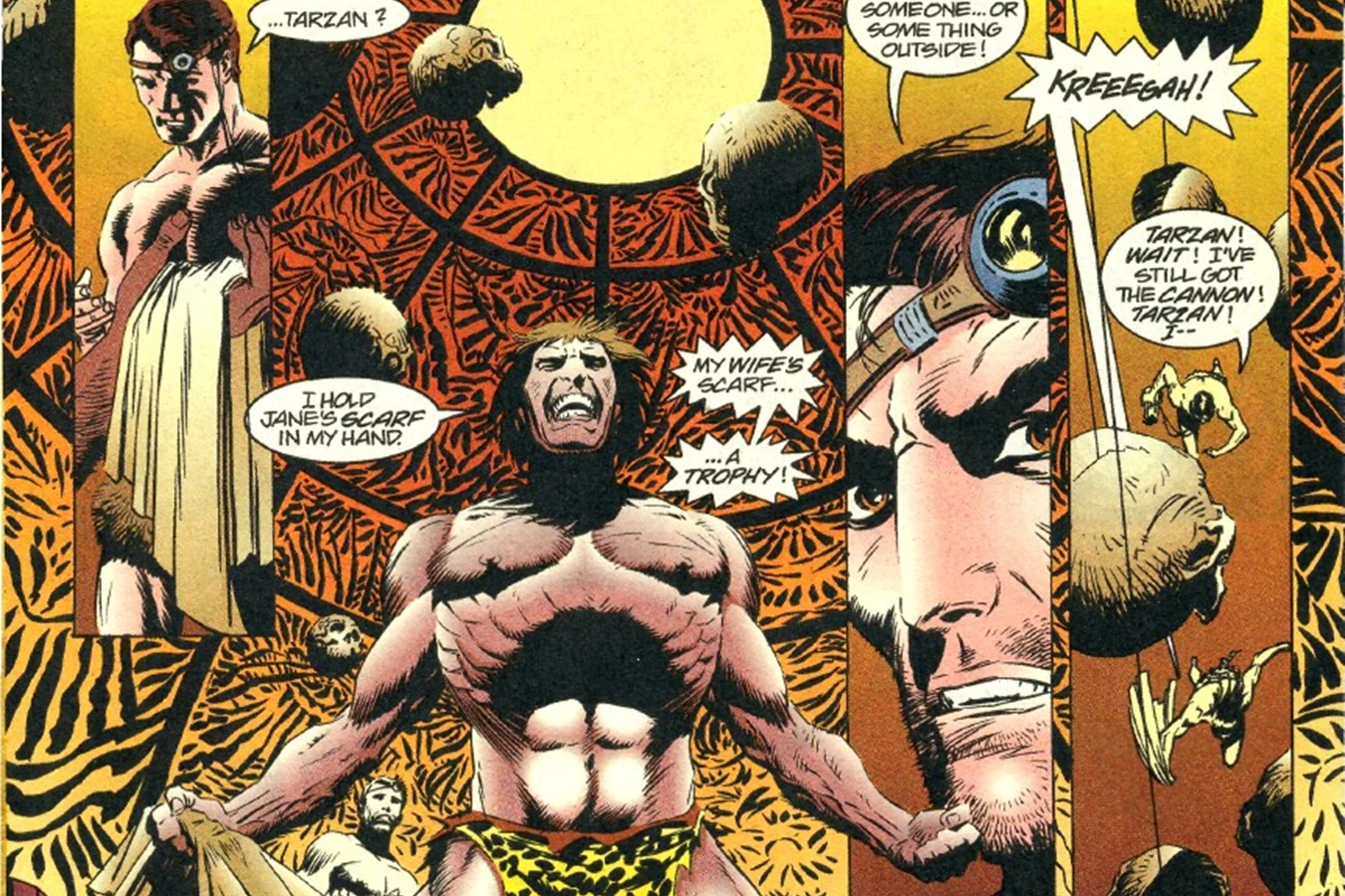 Tarzan holding Jane's scarf in the Predators' trophy dome, with skulls hanging around him and David Innes beside him