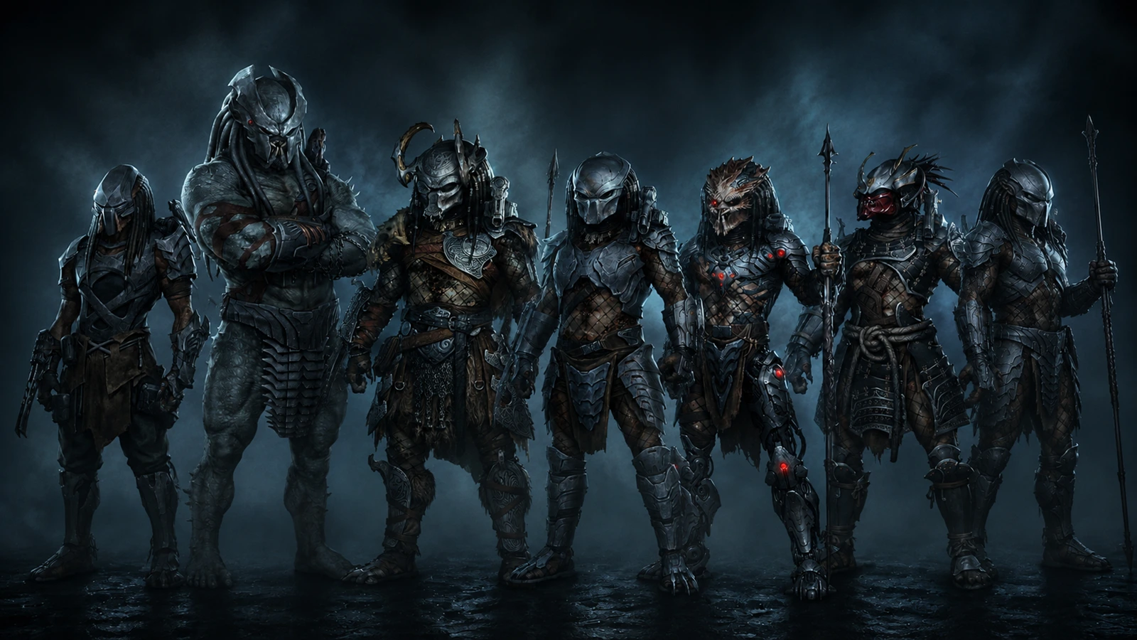 Several Yautja types from Predator: Hunting Grounds