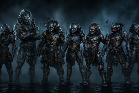 Several Yautja types from Predator: Hunting Grounds