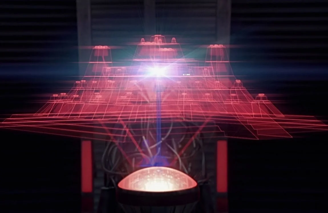 Celtic Predator examining a holographic map of the Antarctic pyramid interior in Alien vs. Predator