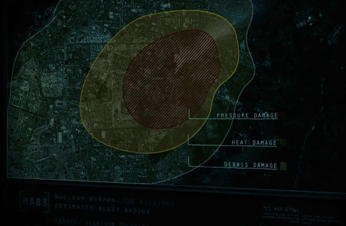 Military damage map showing the estimated blast zones of the Gunnison nuclear strike in Aliens vs. Predator Requiem