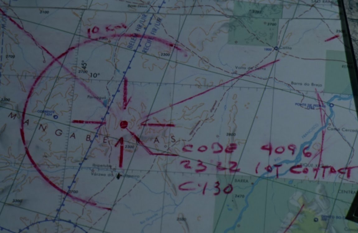 Closeup of the Val Verde map showing the marked crash site and handwritten military notes in Predator 1987