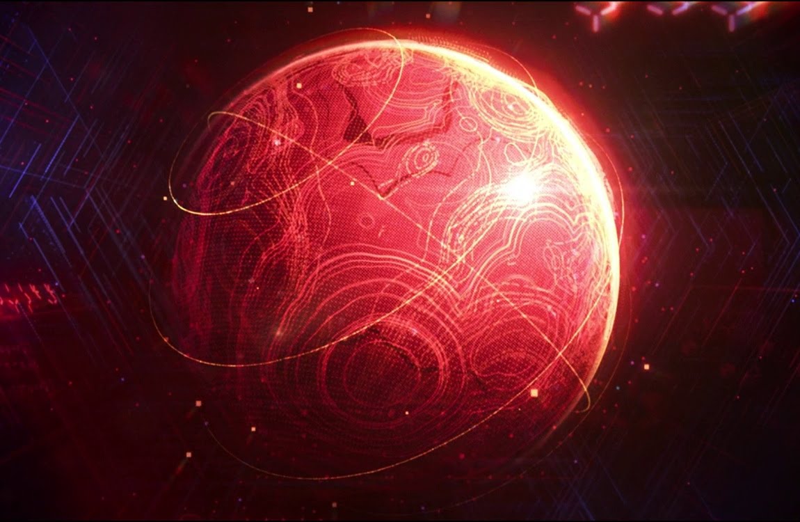 Red holographic globe with contour lines and orbital paths from Predator technology in The Predator