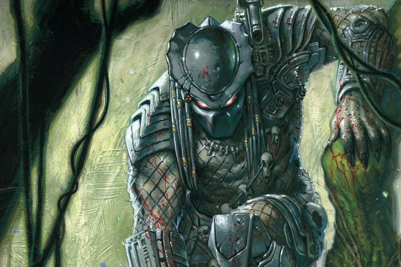 A Predator stalking from tree cover on the Predator: Bloodshed cover