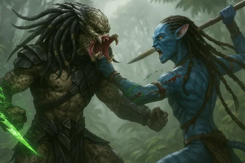 A Predator and Na'vi warrior fighting in the jungle