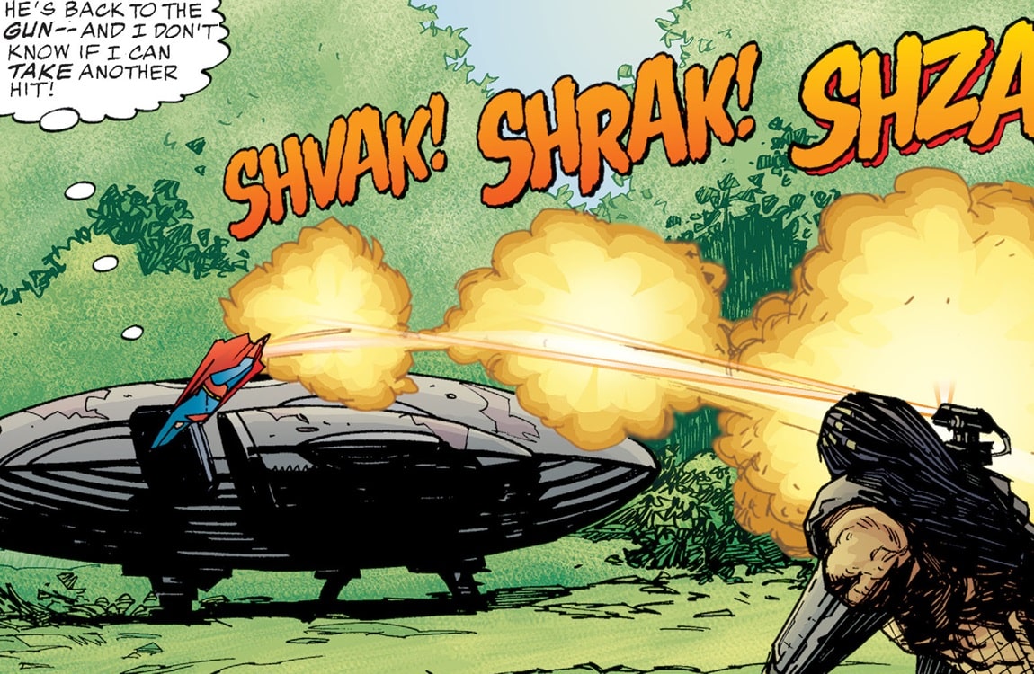 The Predator uses a shoulder cannon against Superman